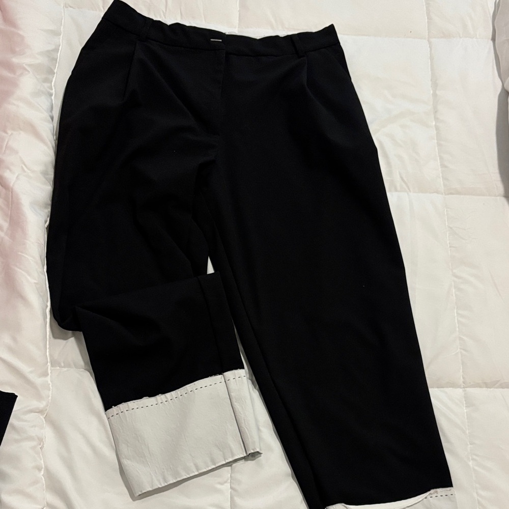 Zara Black Cropped Trousers with White Cuffed Hem